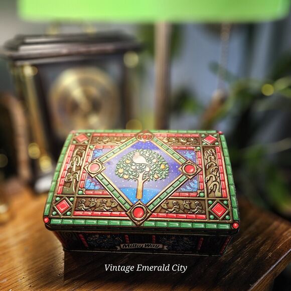 Vtg Retro Tin Box Milky Way 1998 Canister 12 Days Christmas Stained Glass Chest - Picture 2 of 15